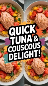 Delicious microwave canned tuna served with instant couscous and colorful vegetables.