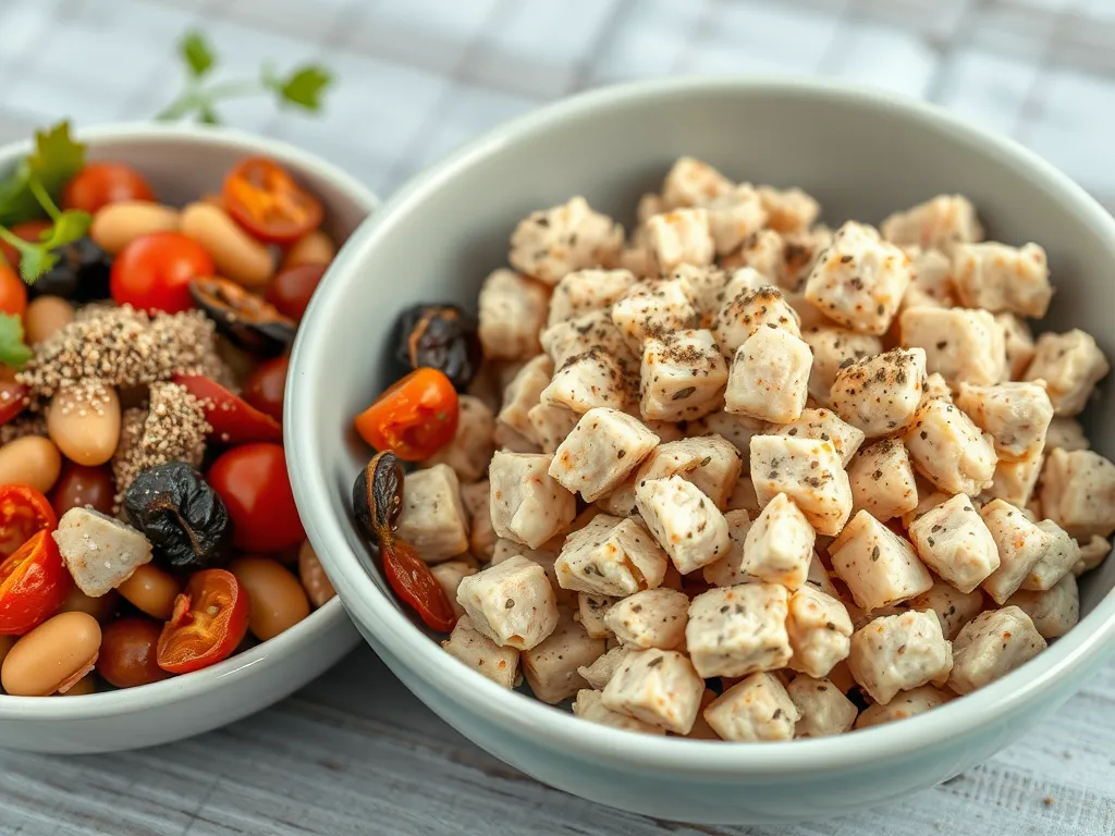 Bowl of canned tuna chunks beside a salad of cherry tomatoes and beans, perfect for quick meals.