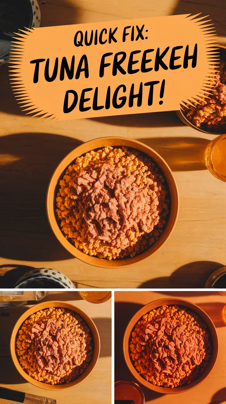 Bowl of lazy microwave canned tuna mixed with instant freekeh, showcasing a quick meal option.