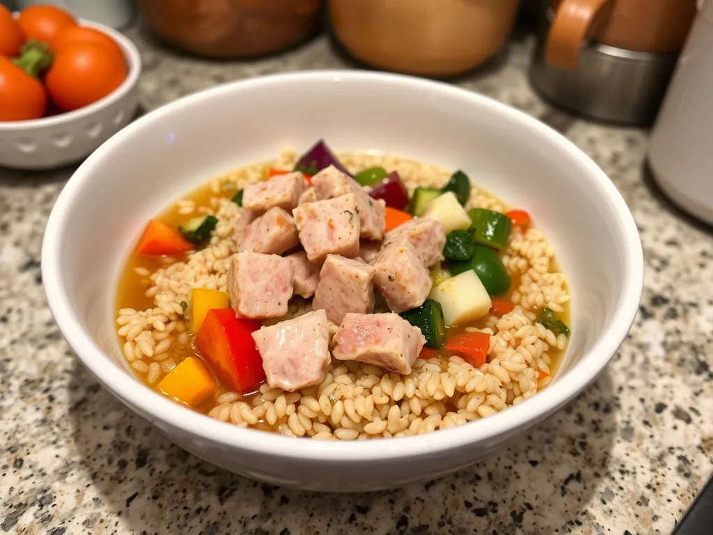Bowl of lazy microwave canned tuna and instant farro with vegetables