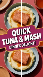 Microwave meal featuring canned tuna on instant mashed potatoes