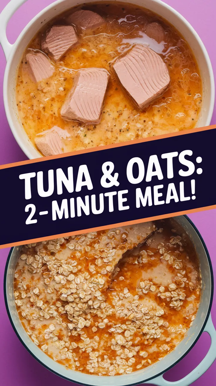 A quick meal of canned tuna mixed with instant oat groats, showcasing a lazy microwave cooking option.