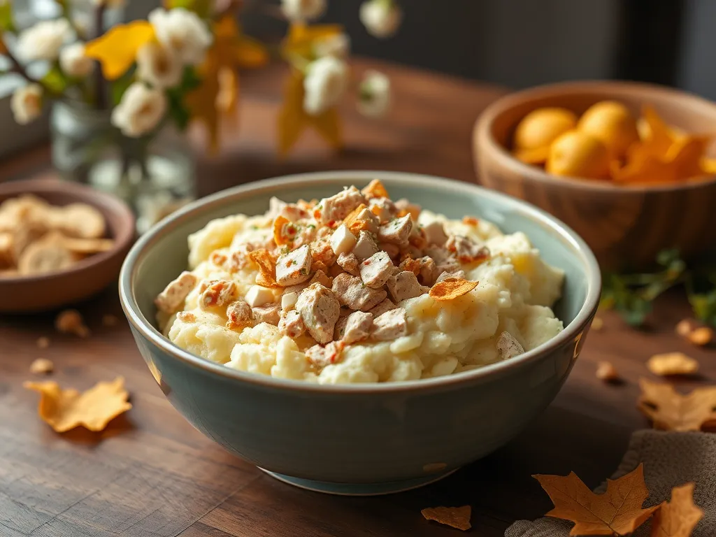 Bowl of instant mashed potatoes topped with canned tuna, showcasing a quick meal option.