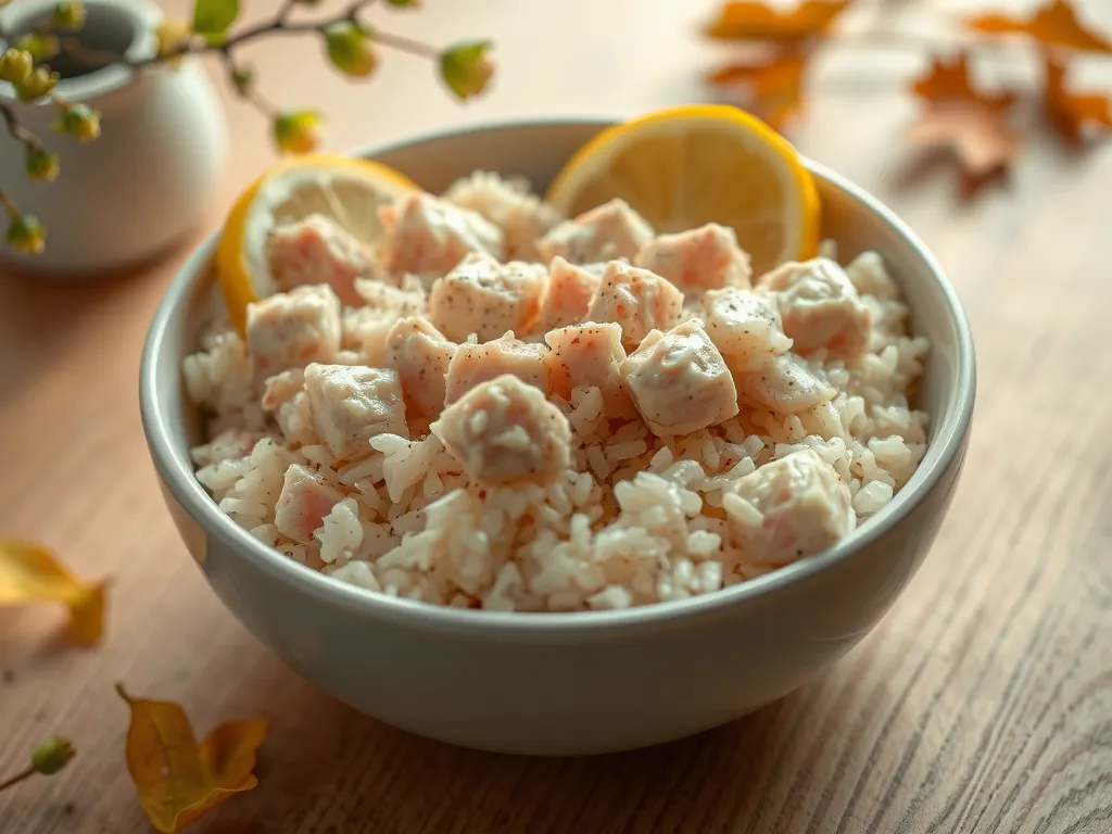 Bowl of rice topped with canned tuna and lemon, perfect for a lazy microwave meal.