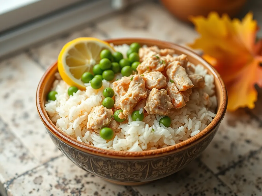 Bow of microwave canned tuna and instant rice with green peas and lemon.