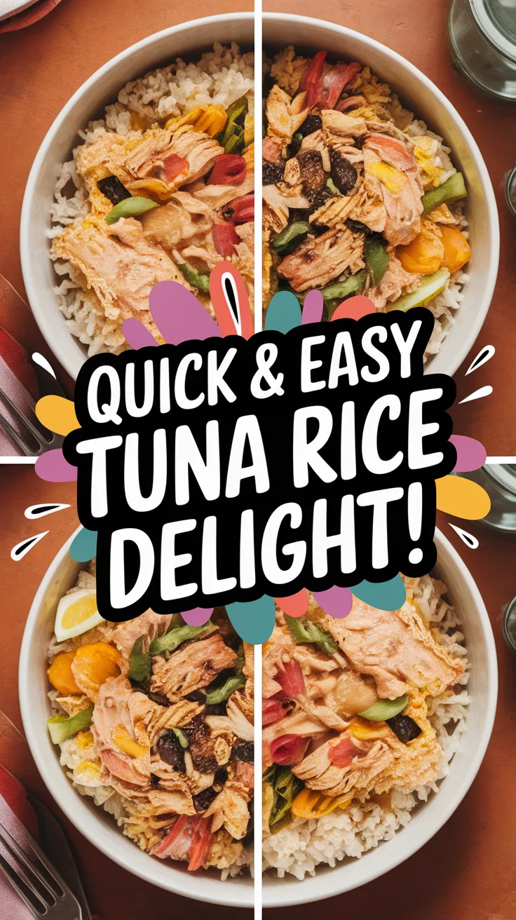 A delicious bowl of tuna mixed with rice and colorful vegetables, perfect for a lazy microwave meal.