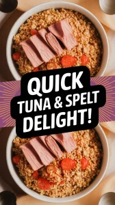 A bowl of instant spelt with canned tuna and cherry tomatoes, showcasing a quick and easy meal.