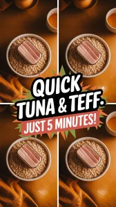 Bowl of instant teff topped with canned tuna, ready for a quick meal.