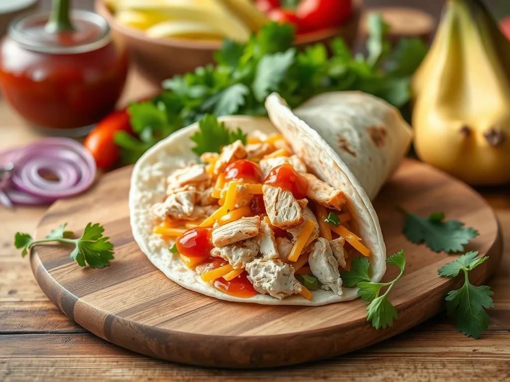 Delicious lazy microwave pre-cooked rotisserie chicken wrap with fresh ingredients