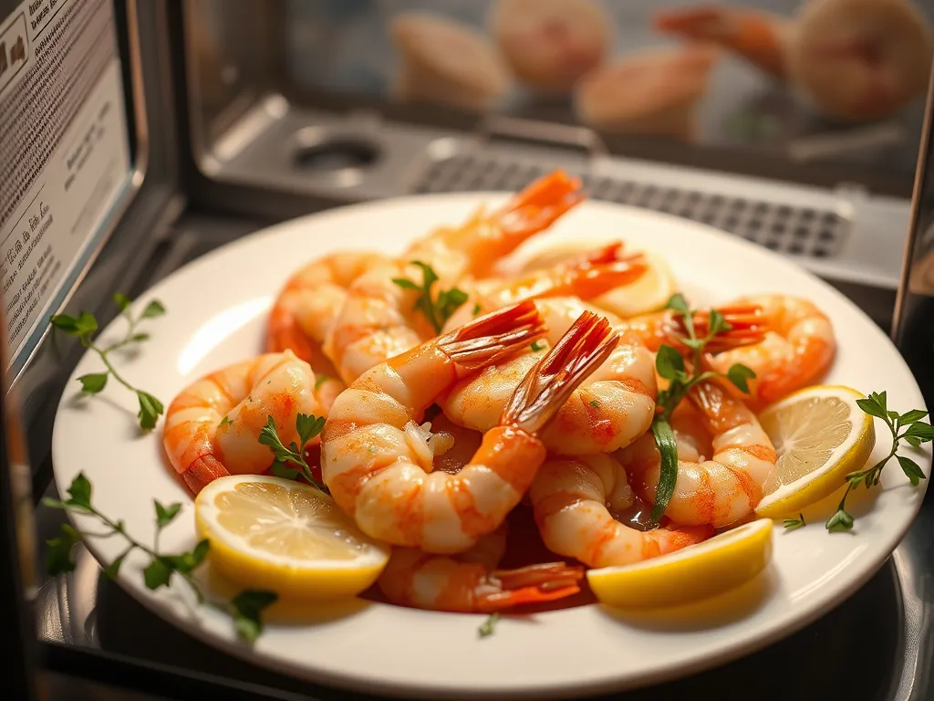 Plate of shrimp with lemon and herbs prepared for Lazy Shrimp Scampi in microwave