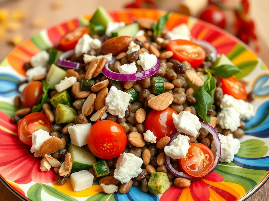 Colorful summer lentil salad with vegetables, topped with cheese and nuts, perfect for a microwave batch.