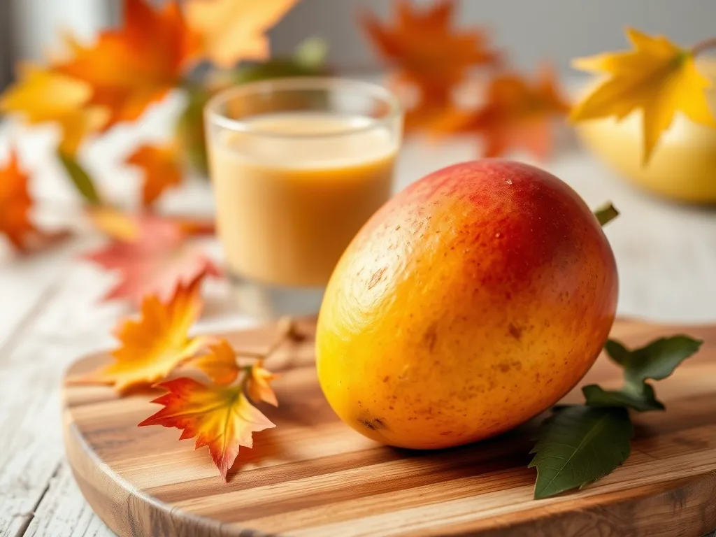 A refreshing mango lassi next to a ripe mango, surrounded by autumn leaves.