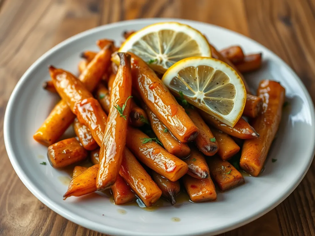 Delicious microwave caramelized maple glazed parsnips served with lemon slices.