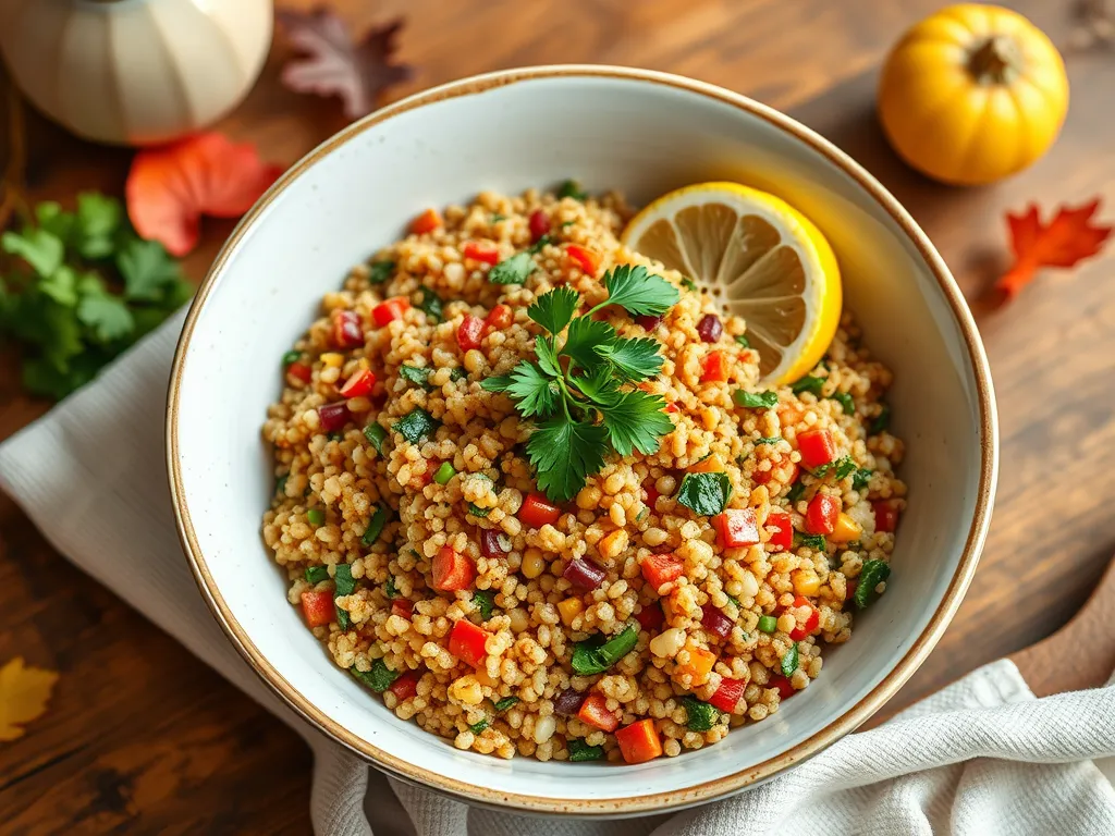 Bowl of Mediterranean Quinoa with colorful vegetables and lemon.