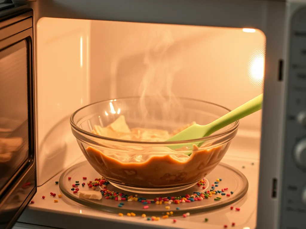 Bowl of melted almond bark in a microwave with a spatula, illustrating the process of melting almond bark.