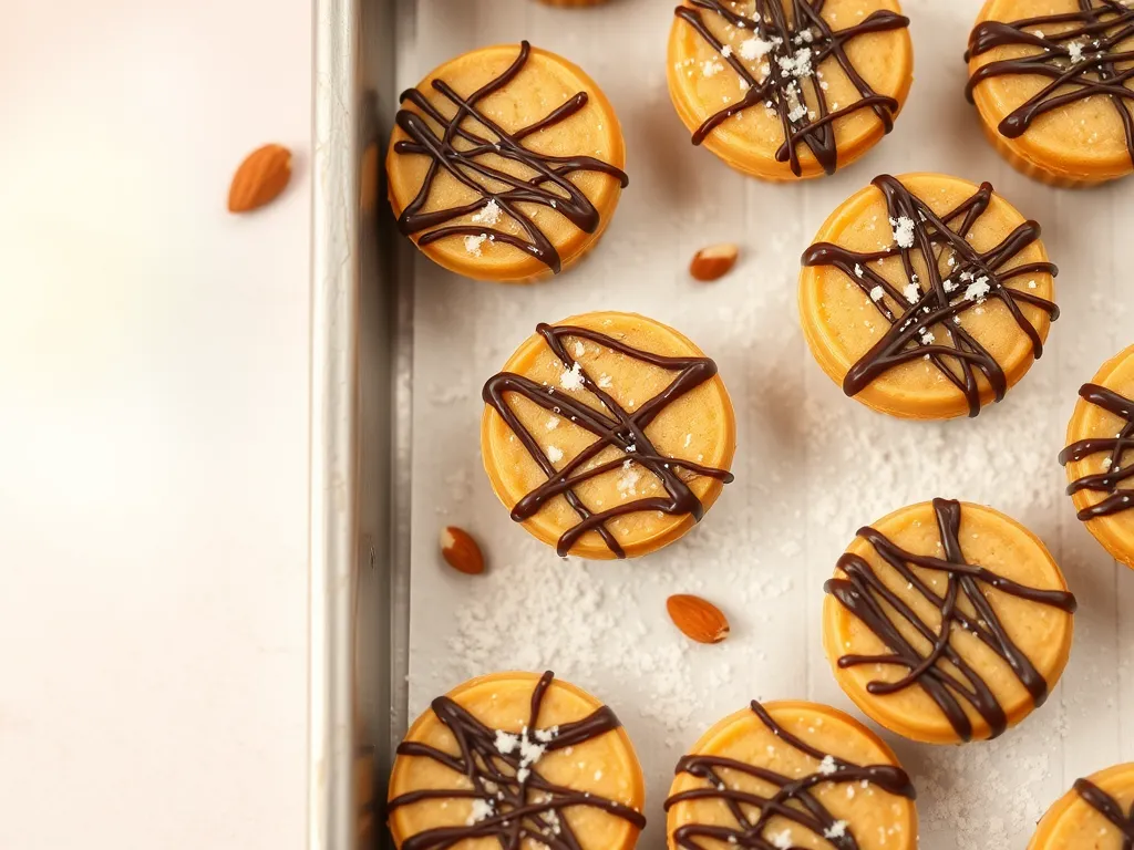 Delicious quick microwave almond butter cups topped with chocolate drizzle and almonds.