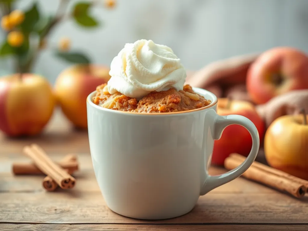 Delicious 2-Minute Microwave Apple Cinnamon Mug Cake topped with whipped cream