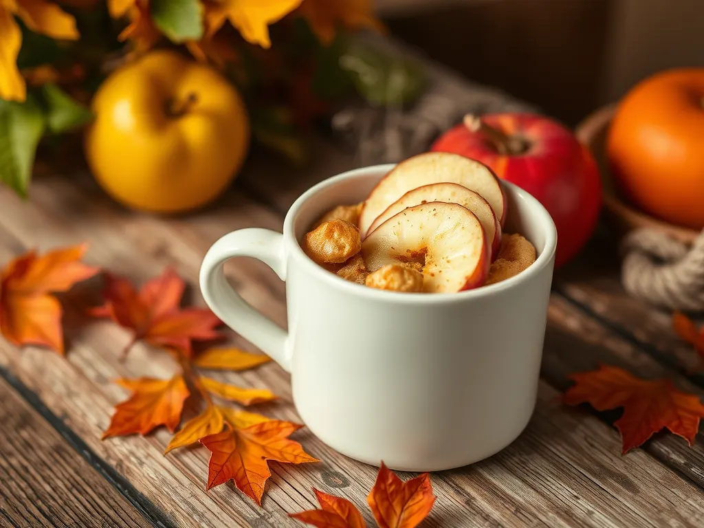 Delicious microwave apple cinnamon mug with sliced apples and autumn leaves.