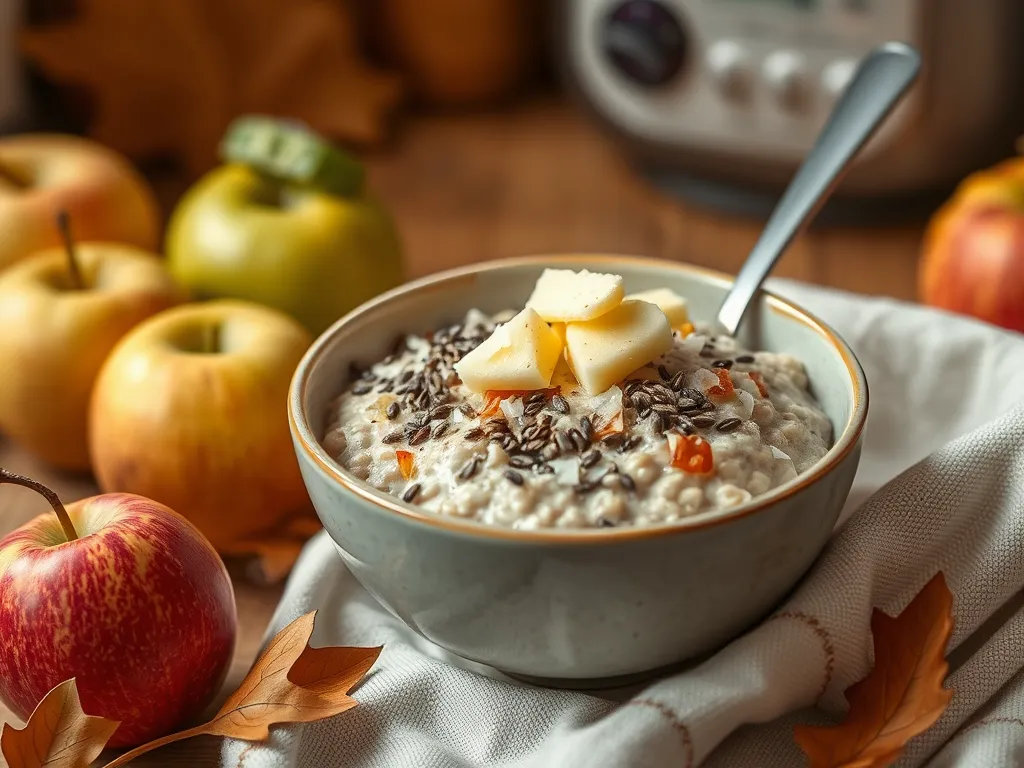 Bowl of microwave apple cinnamon oats topped with apple slices and pumpkin seeds, surrounded by fresh apples.