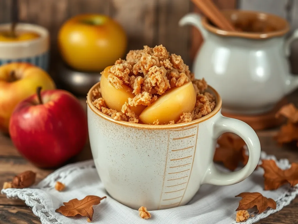 Delicious microwave apple crumble mug topped with crunchy crumble.
