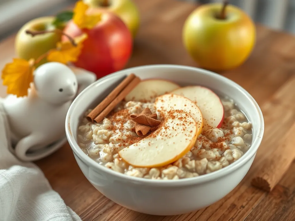 Bowl of microwave apple pie oats topped with fresh apple slices and cinnamon.