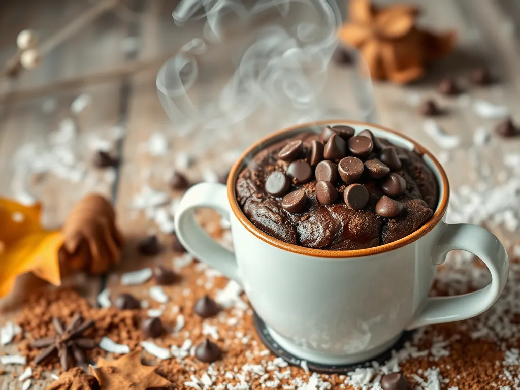 Delicious microwave avocado chocolate mug cake topped with chocolate chips.