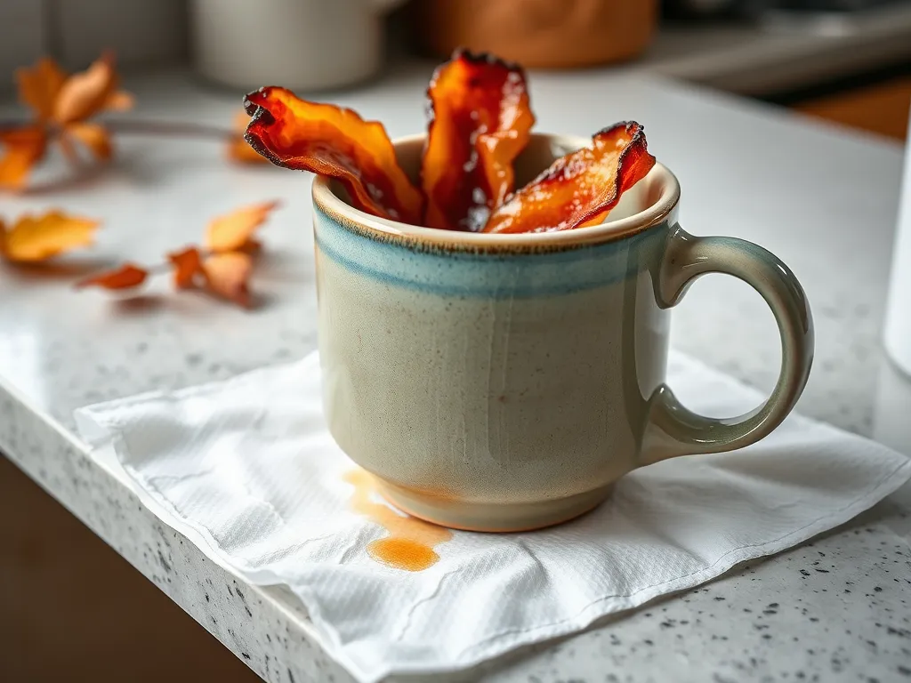 Cooked bacon strips in a coffee mug, demonstrating how to microwave bacon without splatter.