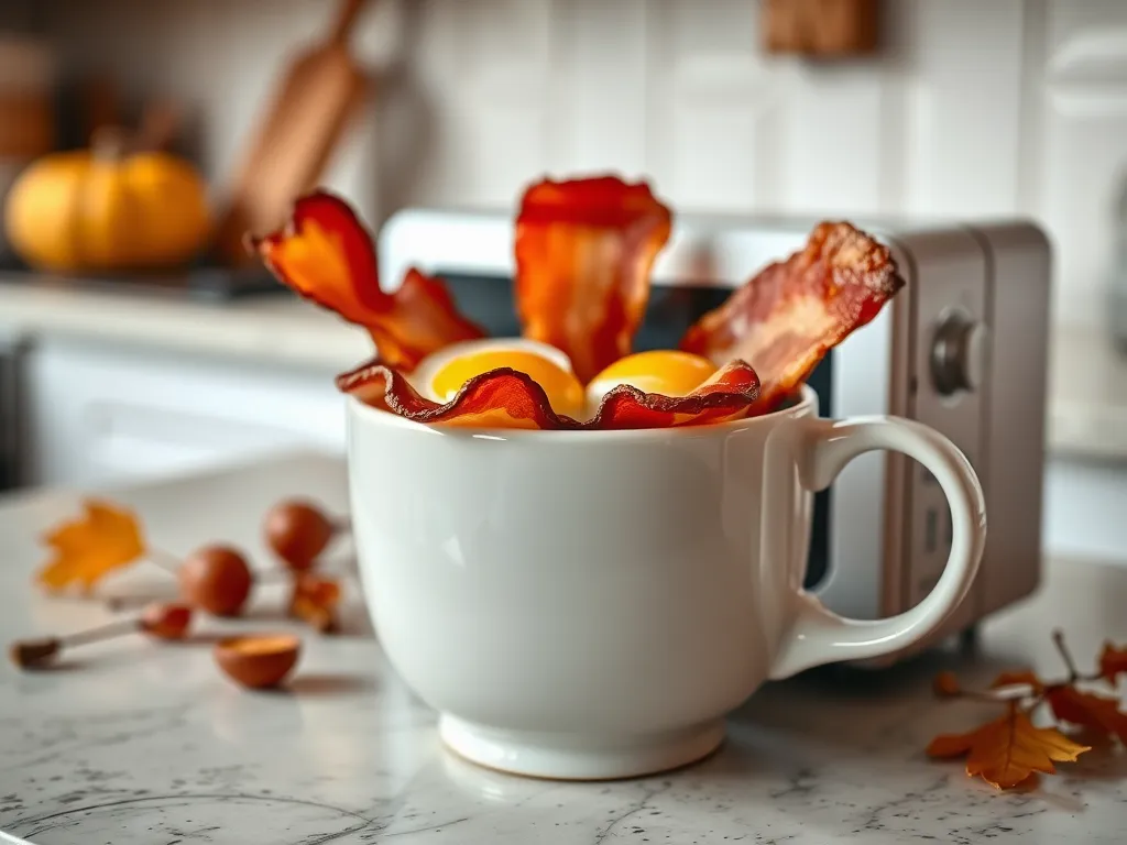 Delicious 2-Minute Microwave Bacon and Egg Breakfast Mug with crispy bacon and eggs.