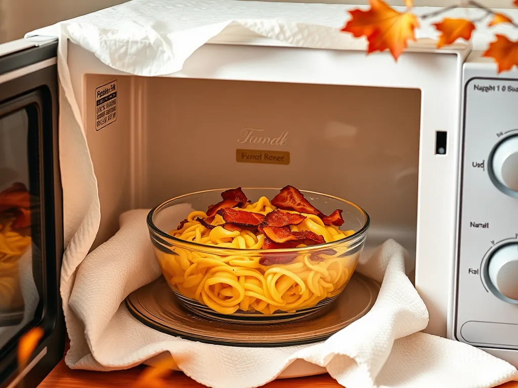 Lazy microwave pre-cooked bacon and egg noodles in a glass bowl inside a microwave.