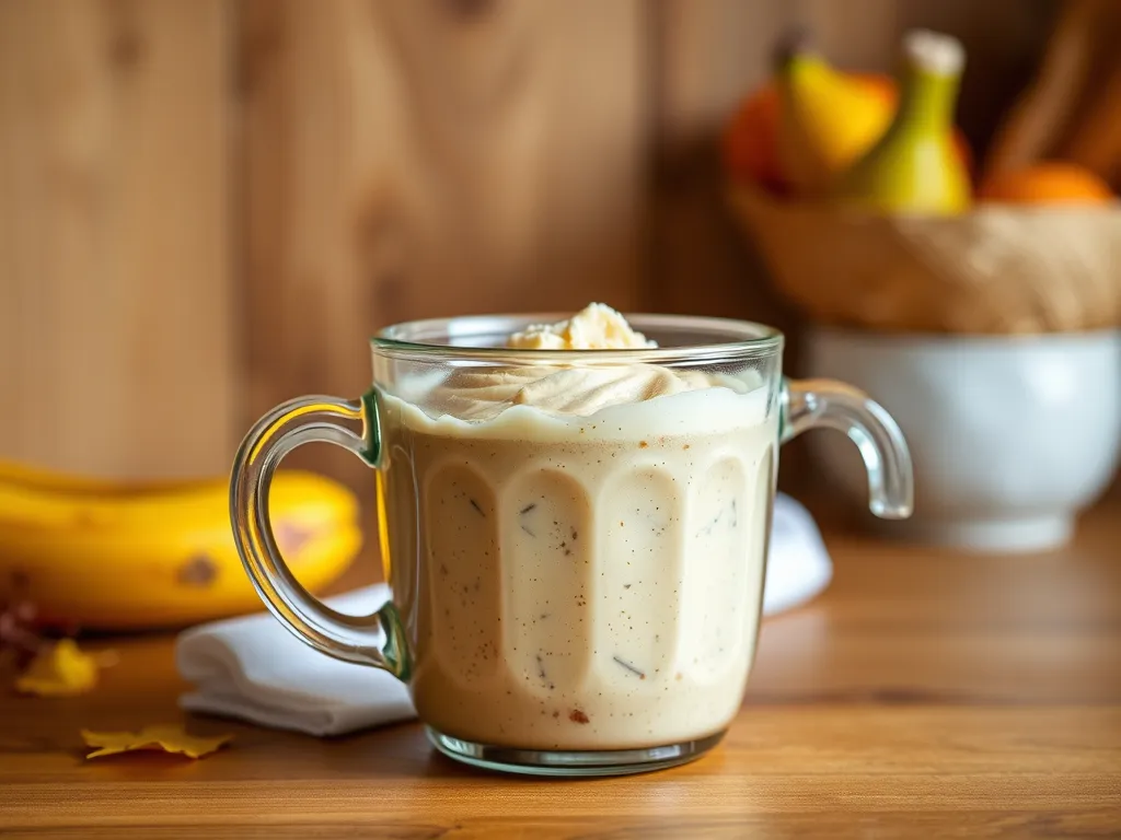 Delicious microwave banana bread mug with a creamy top and fresh bananas in the background