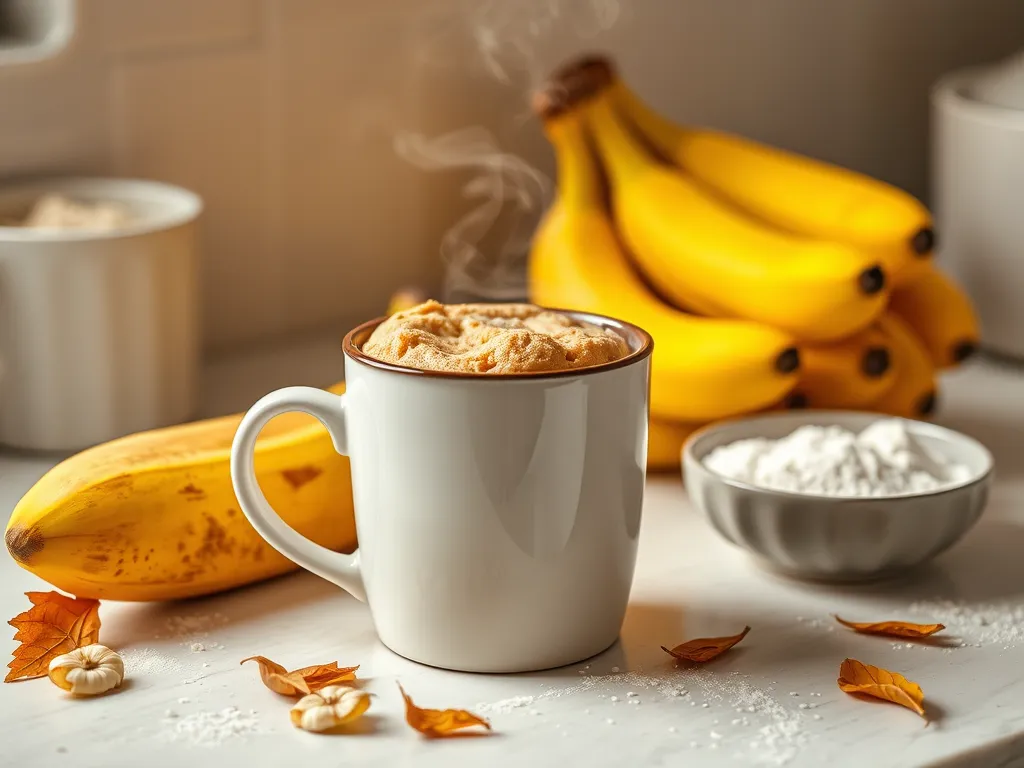 Delicious microwave banana bread mug cake with bananas in the background