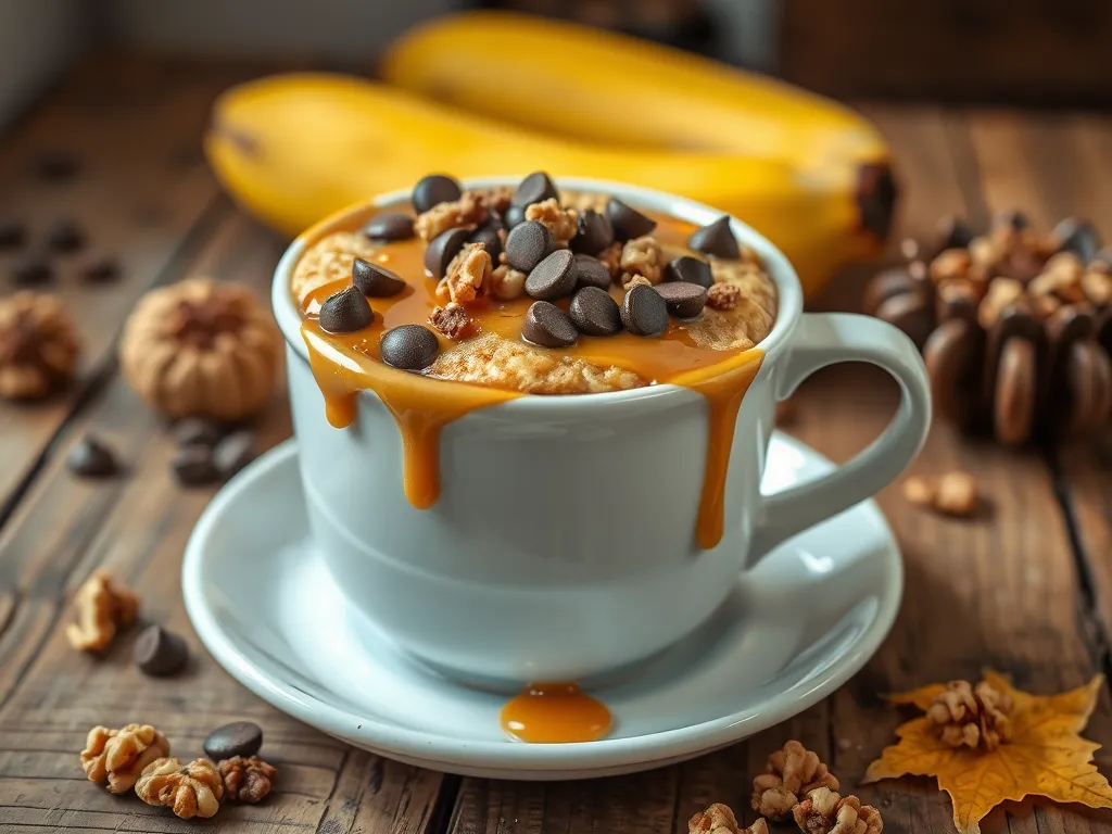 Delicious microwave banana caramel mug topped with chocolate chips and walnuts