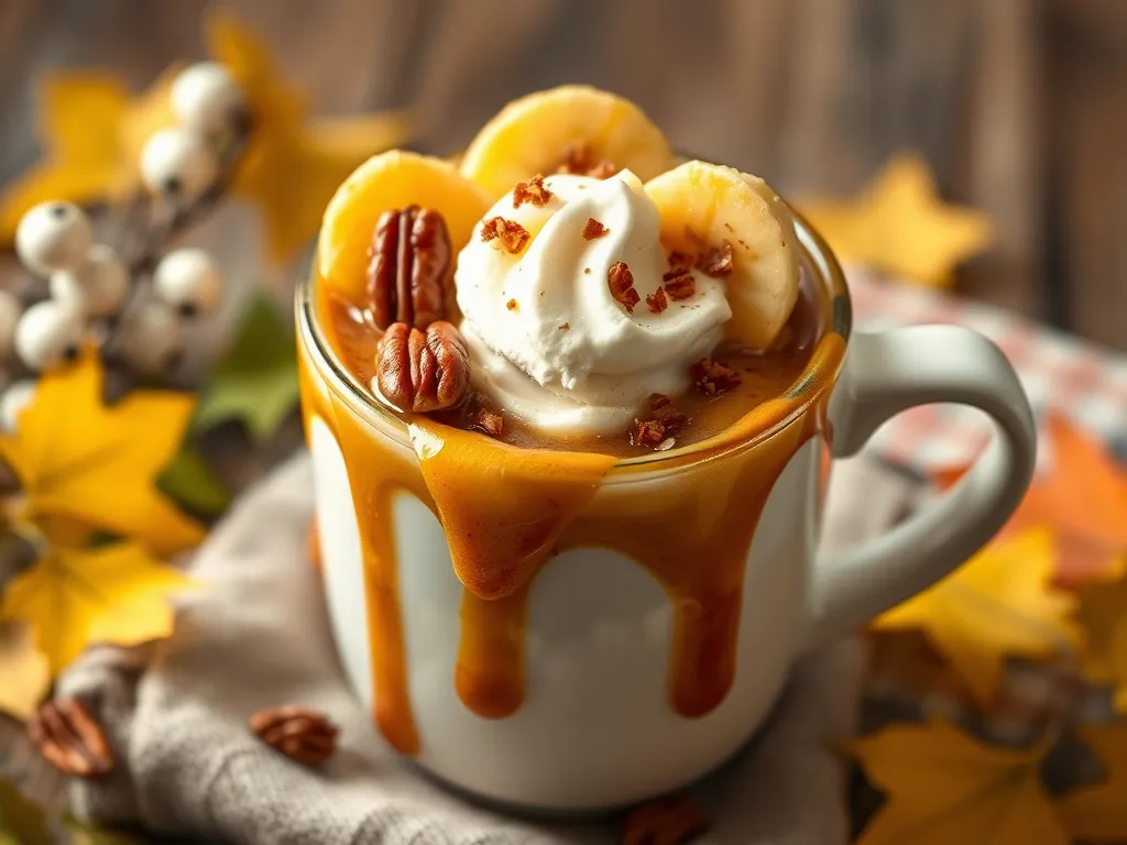 A warm microwave banana foster mug topped with whipped cream, bananas, and pecans