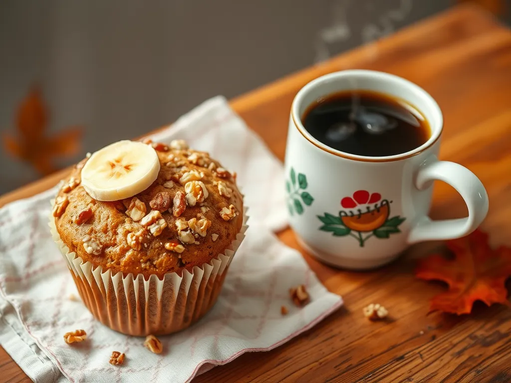 Delicious microwave banana nut muffin topped with banana slices and nuts, served with coffee