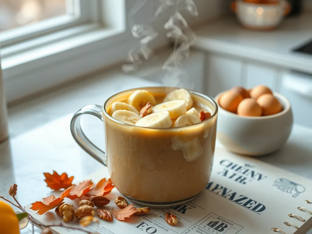 Delicious microwave banana nut mug with sliced bananas and nuts on top, perfect for a quick snack.