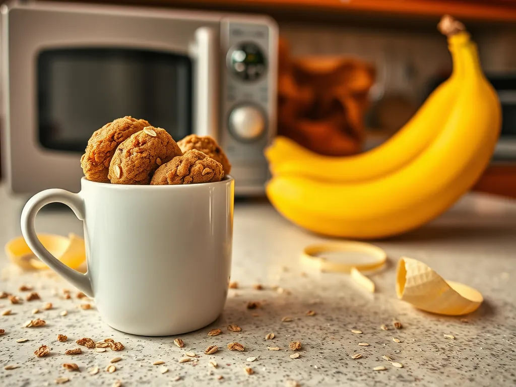 Gluten-free banana oat cookies in a white mug with bananas and ingredients in the background
