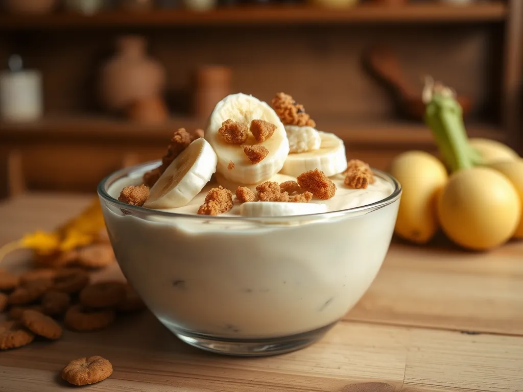 Delicious microwave banana pudding mug topped with banana slices and cookies.