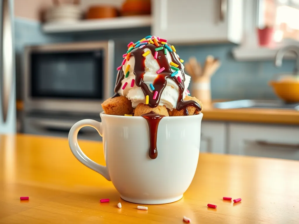 A delicious microwave banana split in a mug topped with ice cream, chocolate syrup, and colorful sprinkles.