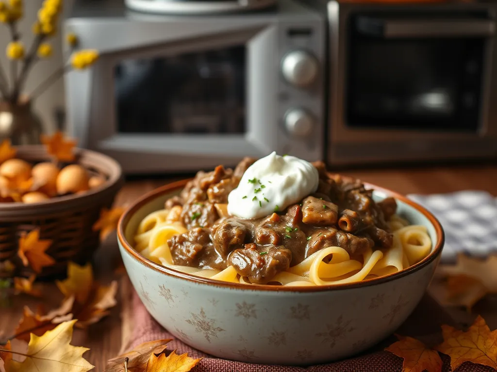 Delicious One-Pot Beef Stroganoff served over pasta, ideal for quick microwave meals.
