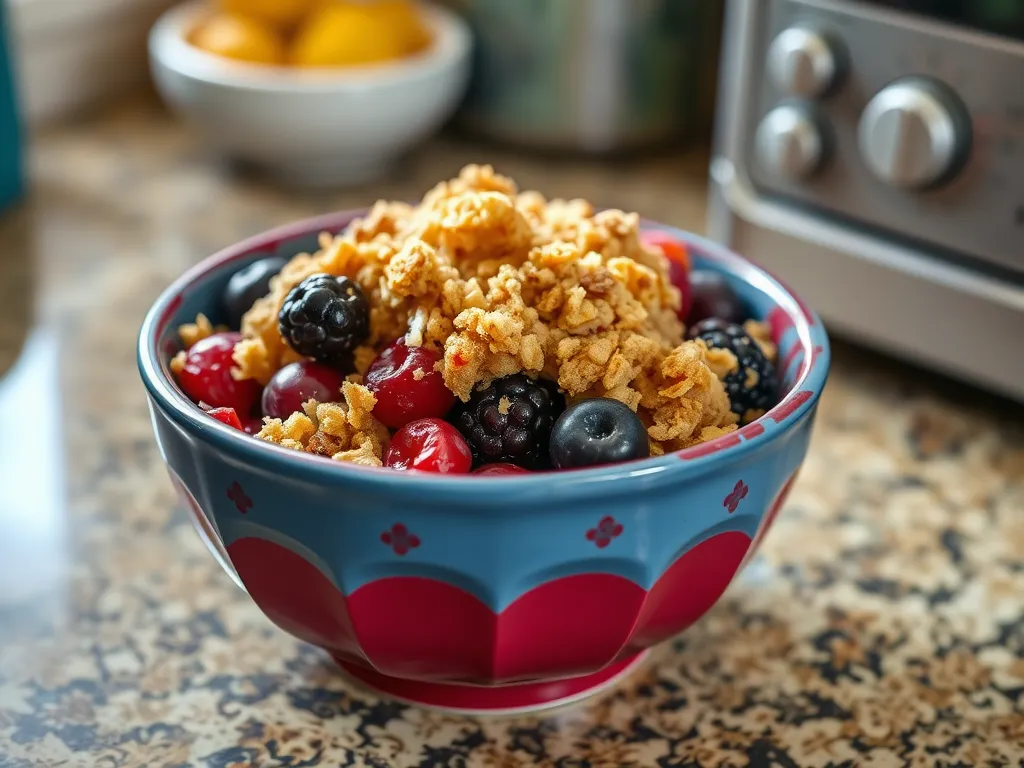 A vibrant microwave berry crisp mug filled with mixed berries and crispy topping