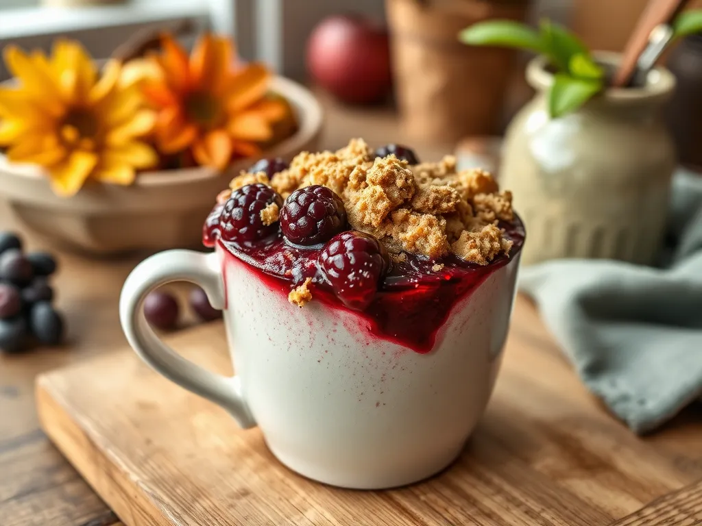 Delicious microwave berry crumble mug topped with fresh raspberries and crumble topping, perfect for a quick dessert.