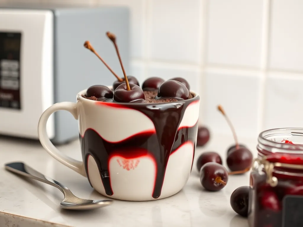 Delicious microwave black forest mug dessert topped with cherries