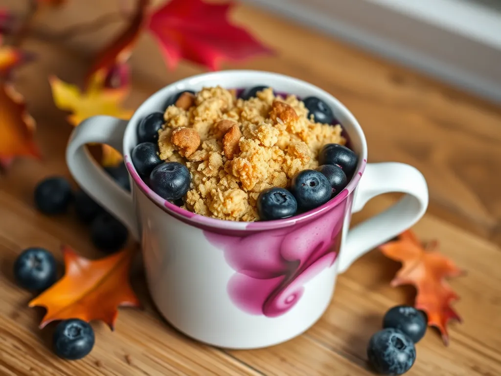Delicious microwave blueberry crumble mug topped with fresh blueberries