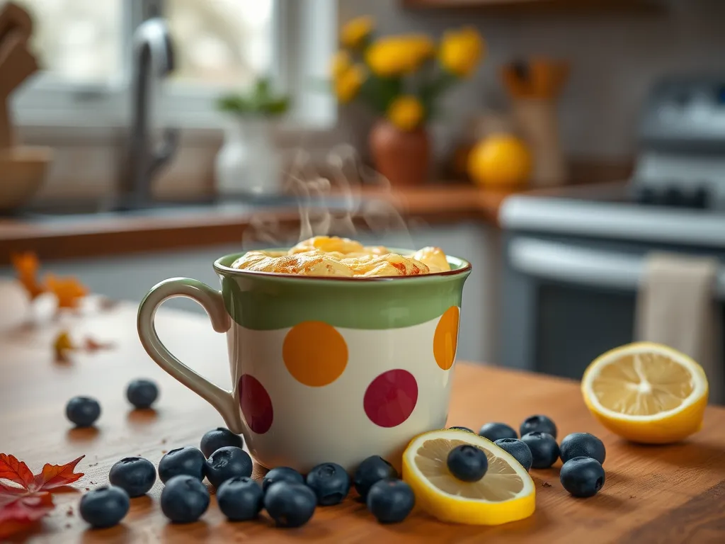 Delicious microwave blueberry lemon mug filled with lemon slices and fresh blueberries