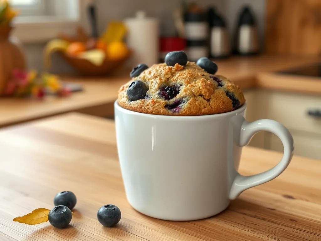 Delicious microwave blueberry muffin in a white mug topped with fresh blueberries.