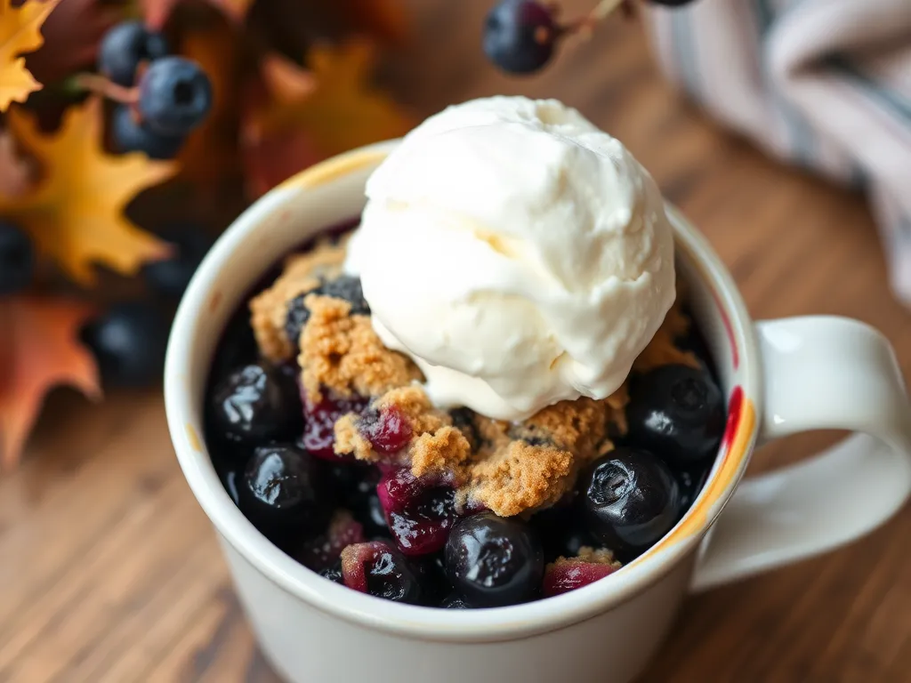 Delicious microwave blueberry muffin mug topped with whipped cream and fresh blueberries.