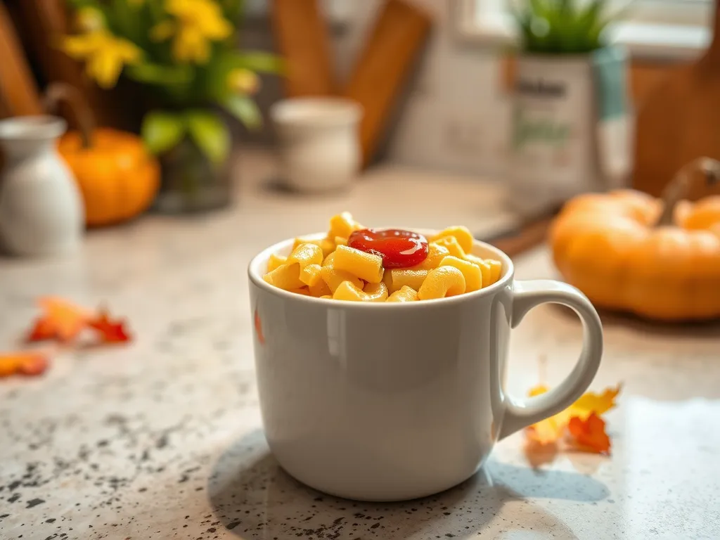 Delicious lazy microwave boxed mac and cheese topped with hot sauce in a white mug