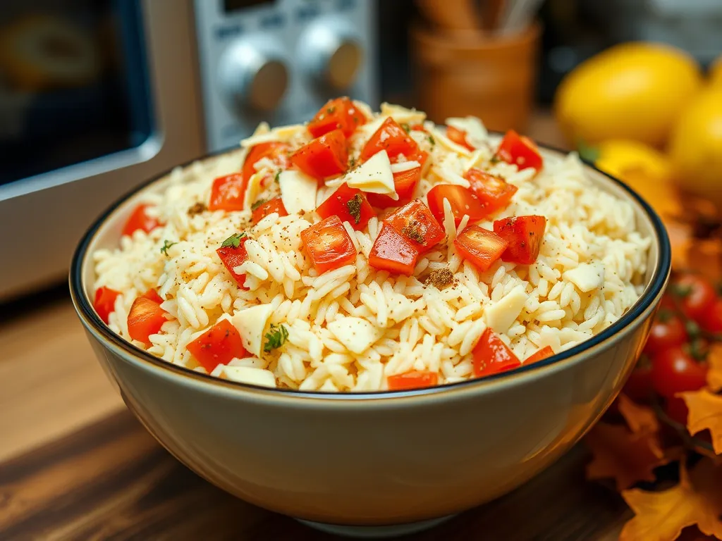 Bowl of lazy microwave boxed rice topped with diced tomatoes, perfect for a quick meal.