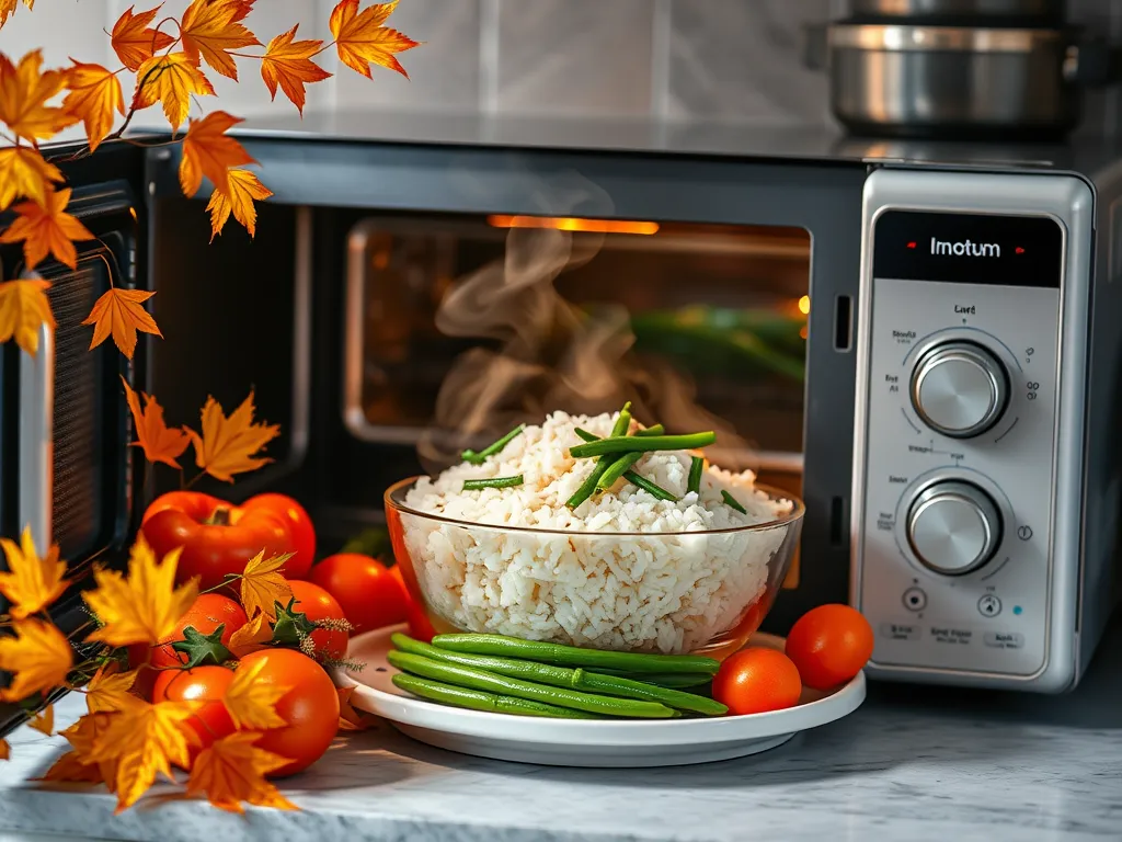 A bowl of lazy microwave boxed rice with canned green beans and fresh tomatoes prepared easily.