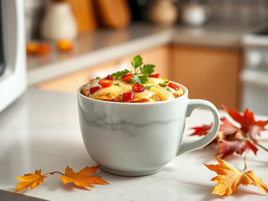 Delicious 2-Minute Microwave Breakfast Pizza in a Mug with colorful toppings.